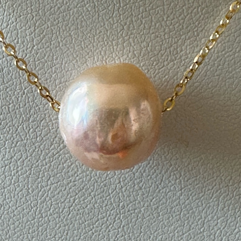 HUGE 13mm REAL Peach Pearl Floating 14K Yellow Gold 925 Silver-18" (Adjust.)